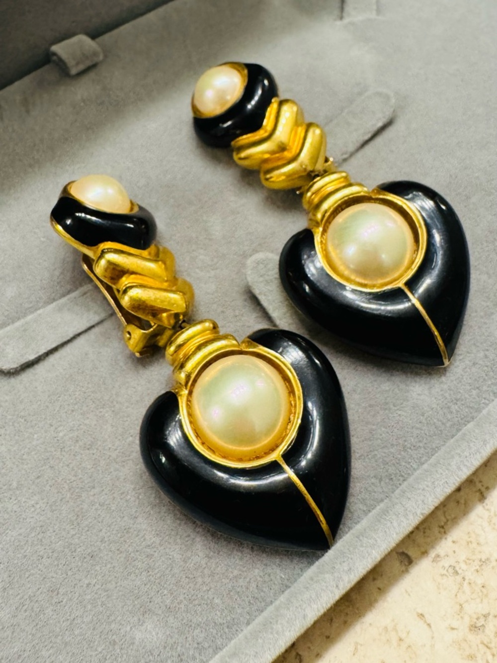 Vintage Christian Dior Statement Black Enamel Pearl and Gold Drop Earrings - Picture 2 of 4